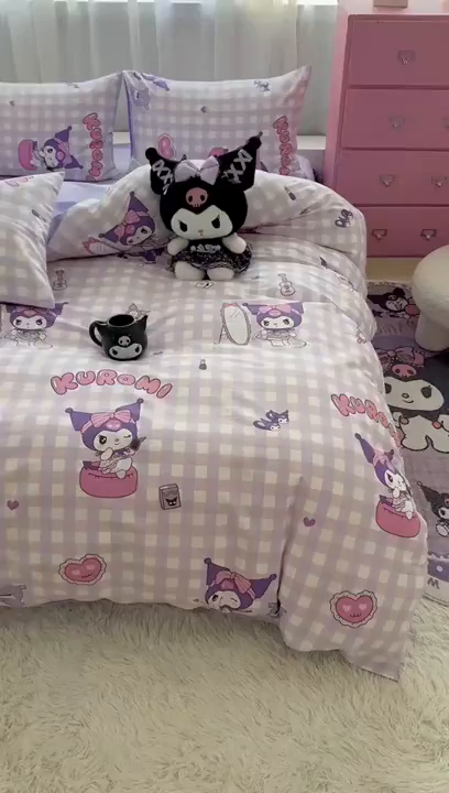 91家纺网 家纺一手货源 找家纺 玉元坊 2026新款正版授权三丽鸥系列全棉纯棉床单四件套学生三件套-库洛米系列 紫格库洛米【简约款】