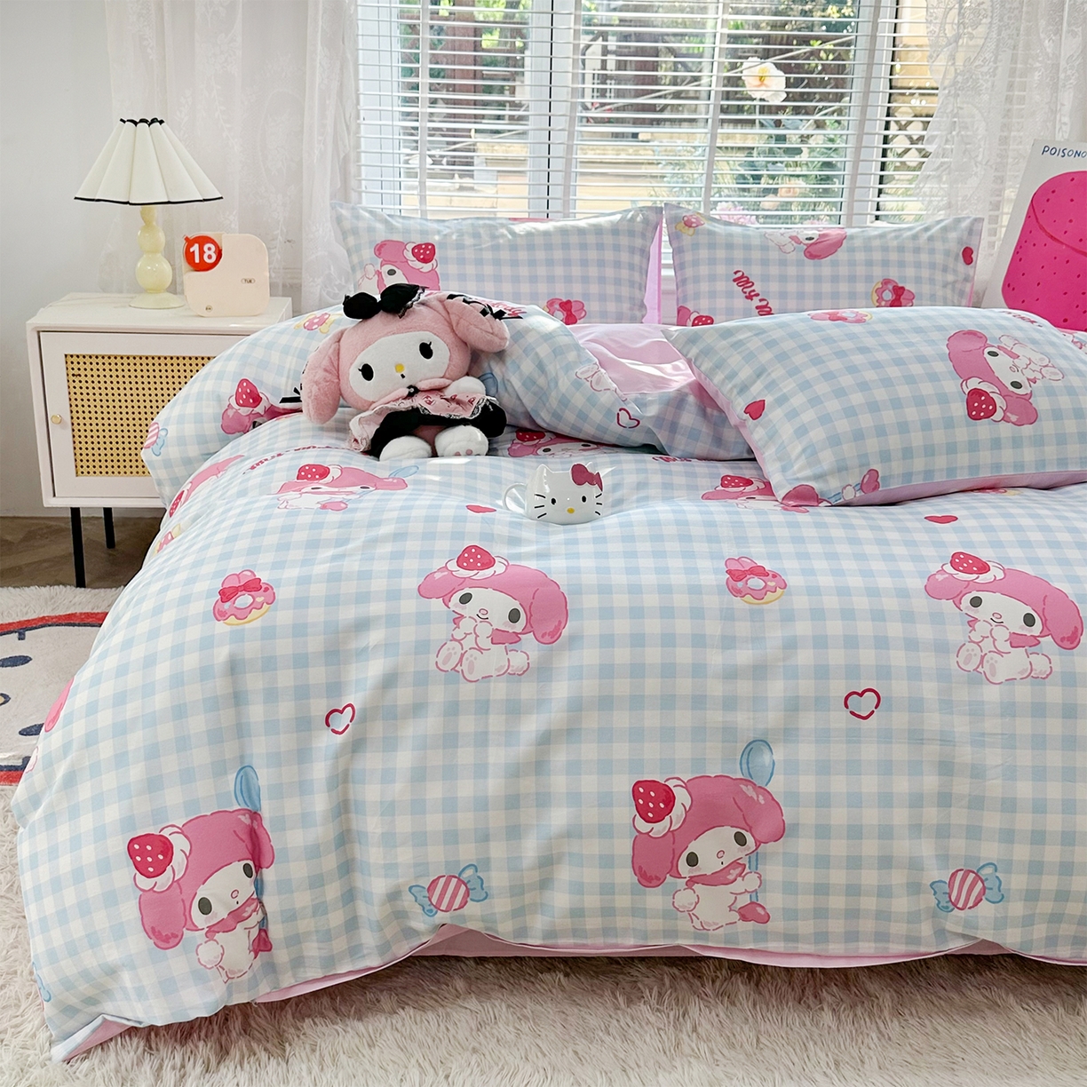 91家纺网 家纺一手货源 找家纺 玉元坊 2026新款正版授权三丽鸥系列全棉纯棉床单四件套学生三件套-美乐蒂系列 乖乖美乐蒂【简约款】