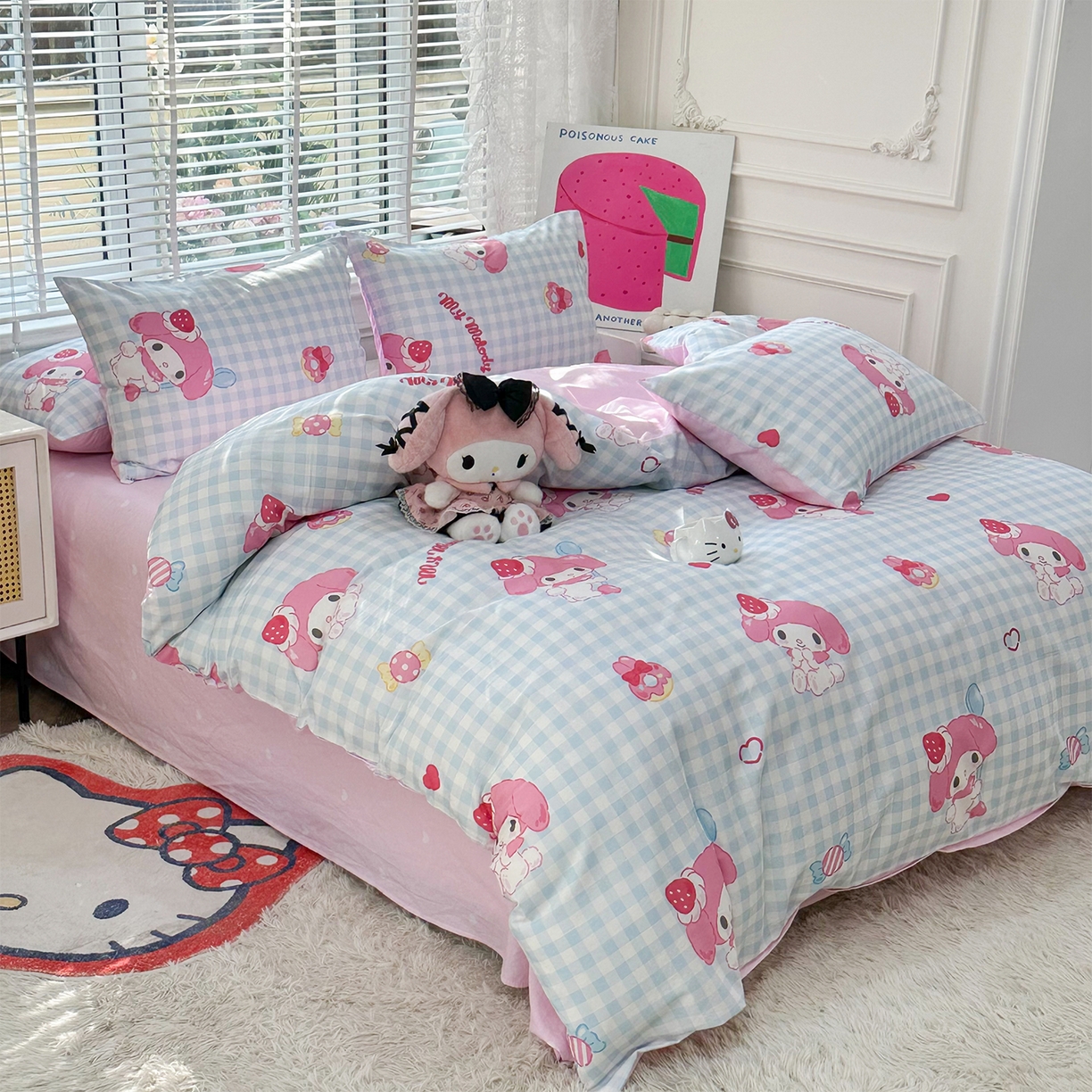 91家纺网 家纺一手货源 找家纺 玉元坊 2026新款正版授权三丽鸥系列全棉纯棉床单四件套学生三件套-美乐蒂系列 乖乖美乐蒂【简约款】