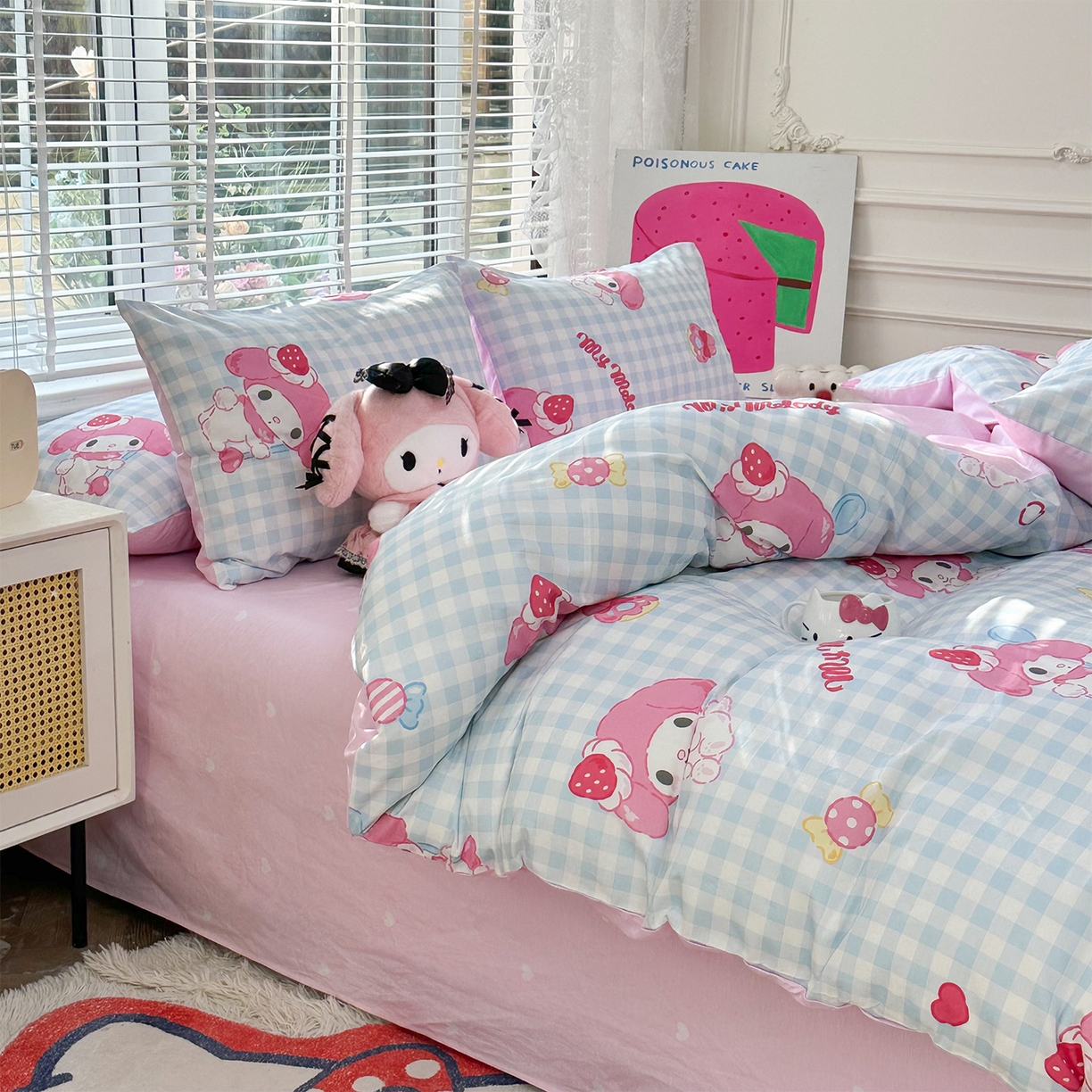 91家纺网 家纺一手货源 找家纺 玉元坊 2026新款正版授权三丽鸥系列全棉纯棉床单四件套学生三件套-美乐蒂系列 乖乖美乐蒂【简约款】