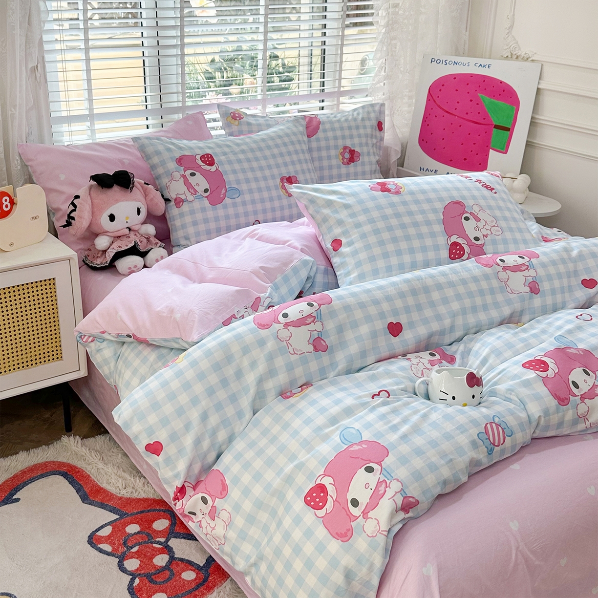 91家纺网 家纺一手货源 找家纺 玉元坊 2026新款正版授权三丽鸥系列全棉纯棉床单四件套学生三件套-美乐蒂系列 乖乖美乐蒂【简约款】