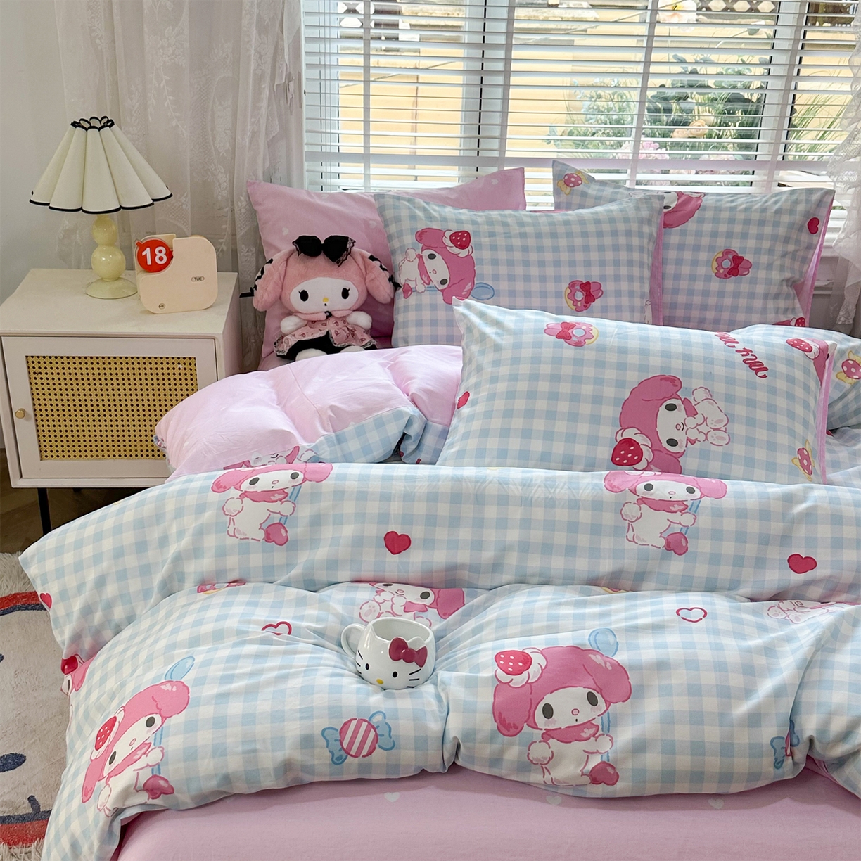 91家纺网 家纺一手货源 找家纺 玉元坊 2026新款正版授权三丽鸥系列全棉纯棉床单四件套学生三件套-美乐蒂系列 乖乖美乐蒂【简约款】