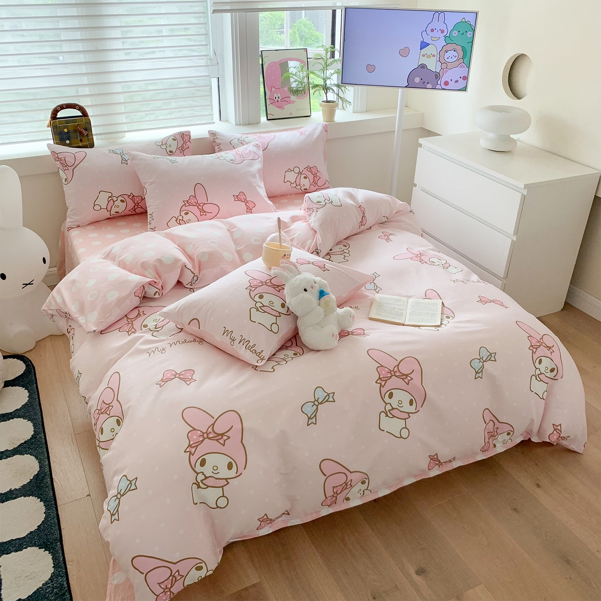 91家纺网 家纺一手货源 找家纺 玉元坊 2026新款正版授权三丽鸥系列全棉纯棉床单四件套学生三件套-美乐蒂系列 蝴蝶结美乐蒂【简约款】