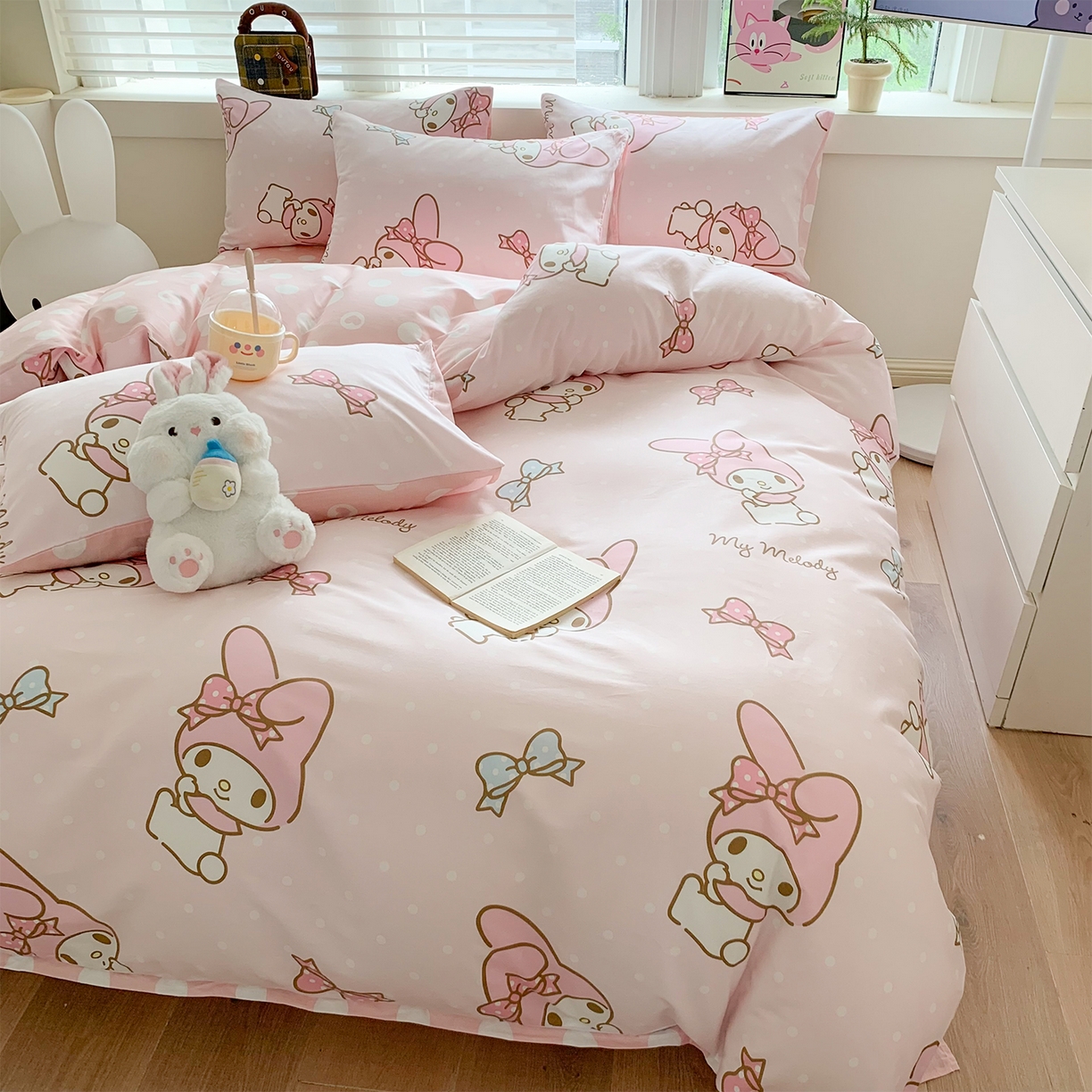 91家纺网 家纺一手货源 找家纺 玉元坊 2026新款正版授权三丽鸥系列全棉纯棉床单四件套学生三件套-美乐蒂系列 蝴蝶结美乐蒂【简约款】