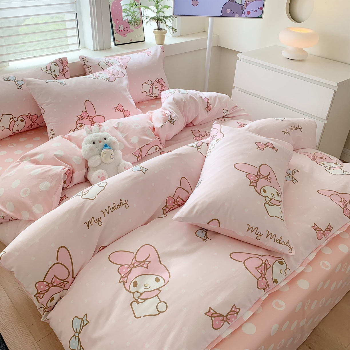 91家纺网 家纺一手货源 找家纺 玉元坊 2026新款正版授权三丽鸥系列全棉纯棉床单四件套学生三件套-美乐蒂系列 蝴蝶结美乐蒂【简约款】