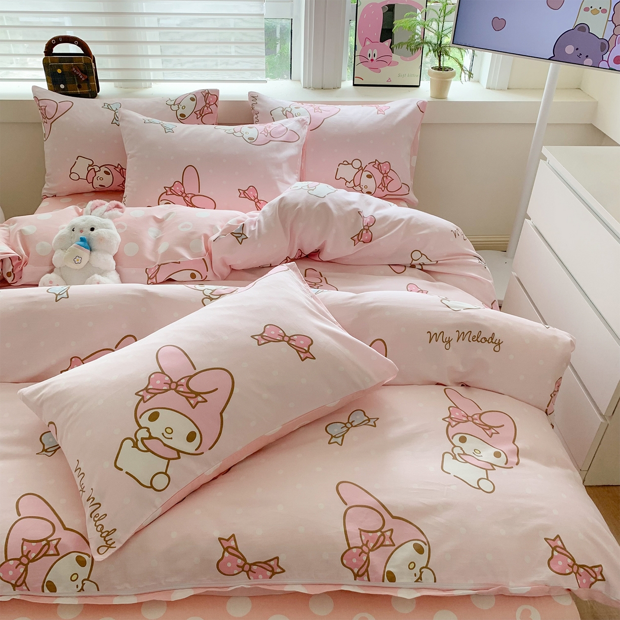 91家纺网 家纺一手货源 找家纺 玉元坊 2026新款正版授权三丽鸥系列全棉纯棉床单四件套学生三件套-美乐蒂系列 蝴蝶结美乐蒂【简约款】