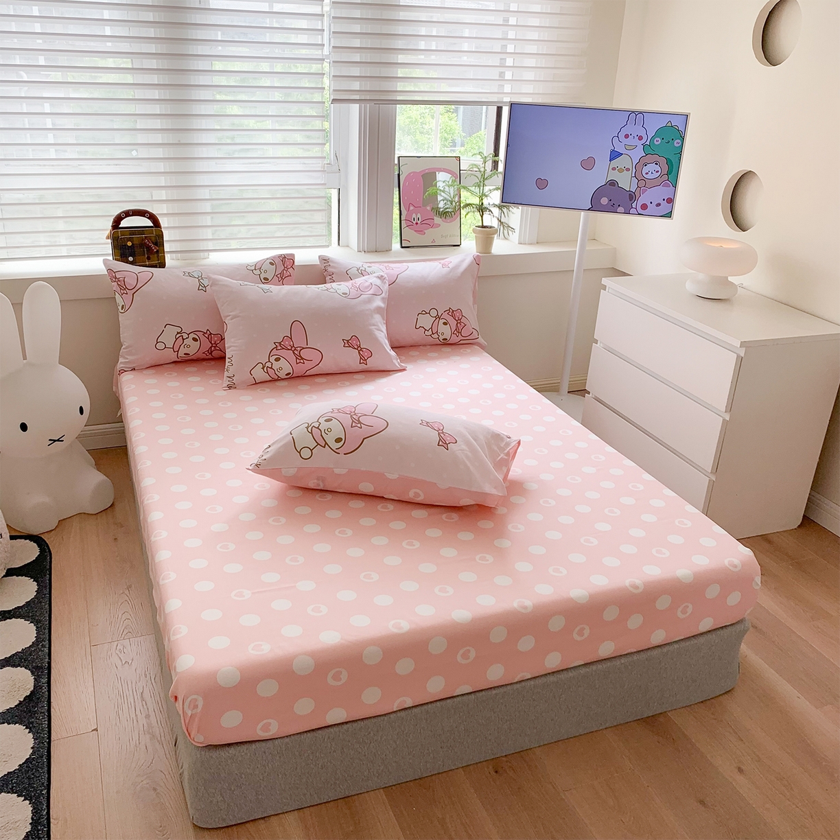 91家纺网 家纺一手货源 找家纺 玉元坊 2026新款正版授权三丽鸥系列全棉纯棉床单四件套学生三件套-美乐蒂系列 蝴蝶结美乐蒂【简约款】