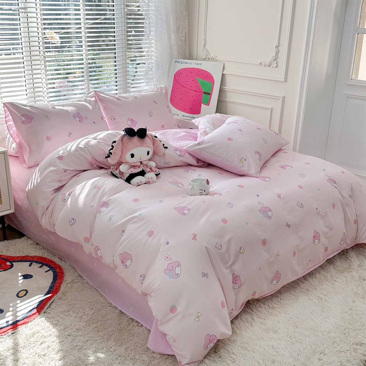 91家纺网 家纺一手货源 找家纺 玉元坊 2026新款正版授权三丽鸥系列全棉纯棉床单四件套学生三件套-美乐蒂系列 可可美乐蒂【简约款】