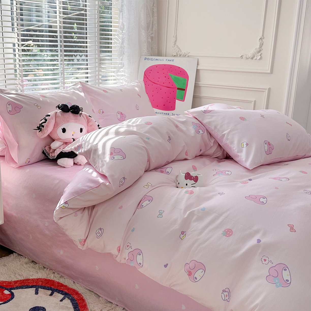 91家纺网 家纺一手货源 找家纺 玉元坊 2026新款正版授权三丽鸥系列全棉纯棉床单四件套学生三件套-美乐蒂系列 可可美乐蒂【简约款】