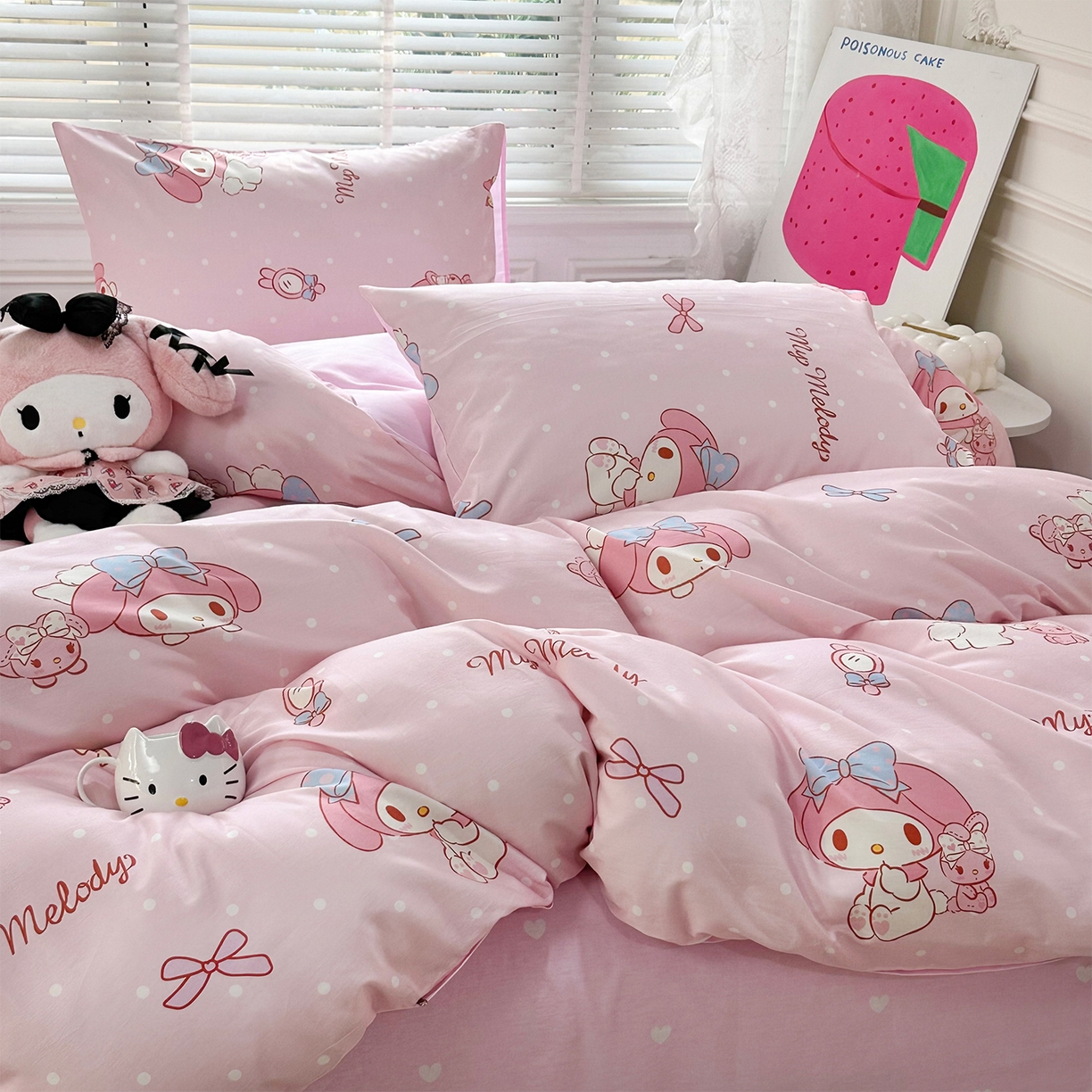 91家纺网 家纺一手货源 找家纺 玉元坊 2026新款正版授权三丽鸥系列全棉纯棉床单四件套学生三件套-美乐蒂系列 魔法美乐蒂【简约款】