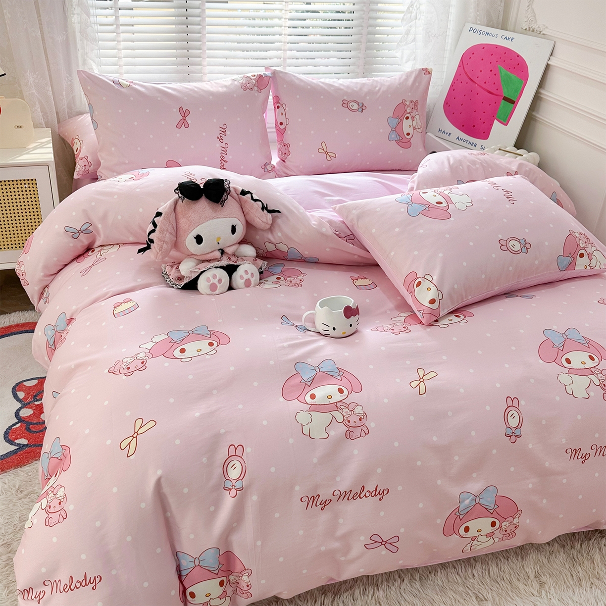 91家纺网 家纺一手货源 找家纺 玉元坊 2026新款正版授权三丽鸥系列全棉纯棉床单四件套学生三件套-美乐蒂系列 魔法美乐蒂【简约款】