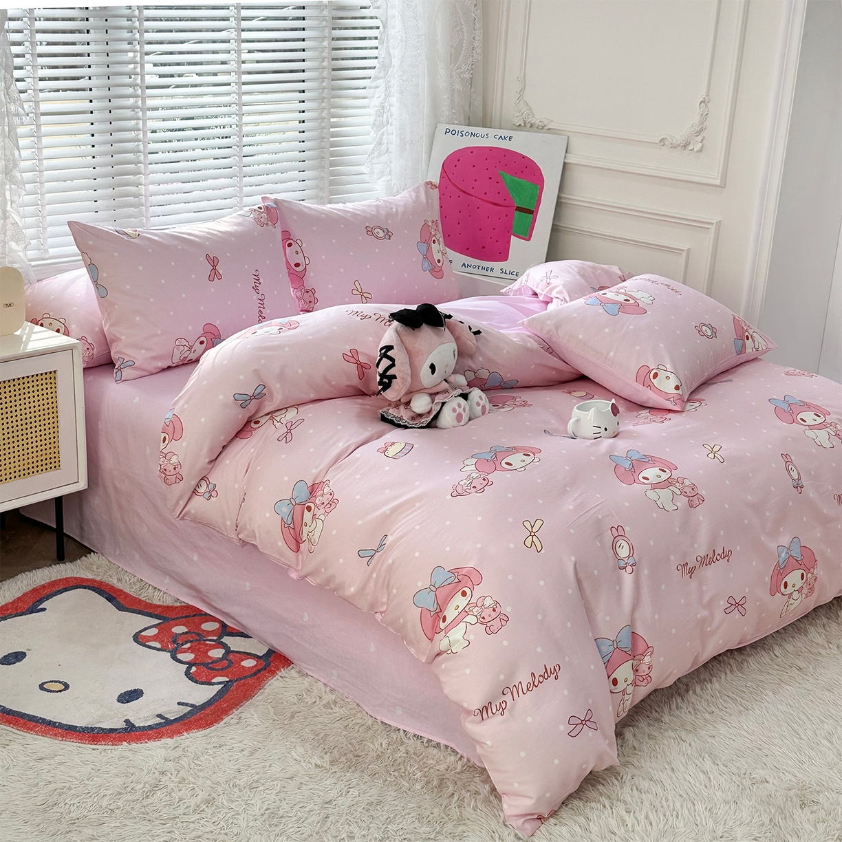 91家纺网 家纺一手货源 找家纺 玉元坊 2026新款正版授权三丽鸥系列全棉纯棉床单四件套学生三件套-美乐蒂系列 魔法美乐蒂【简约款】