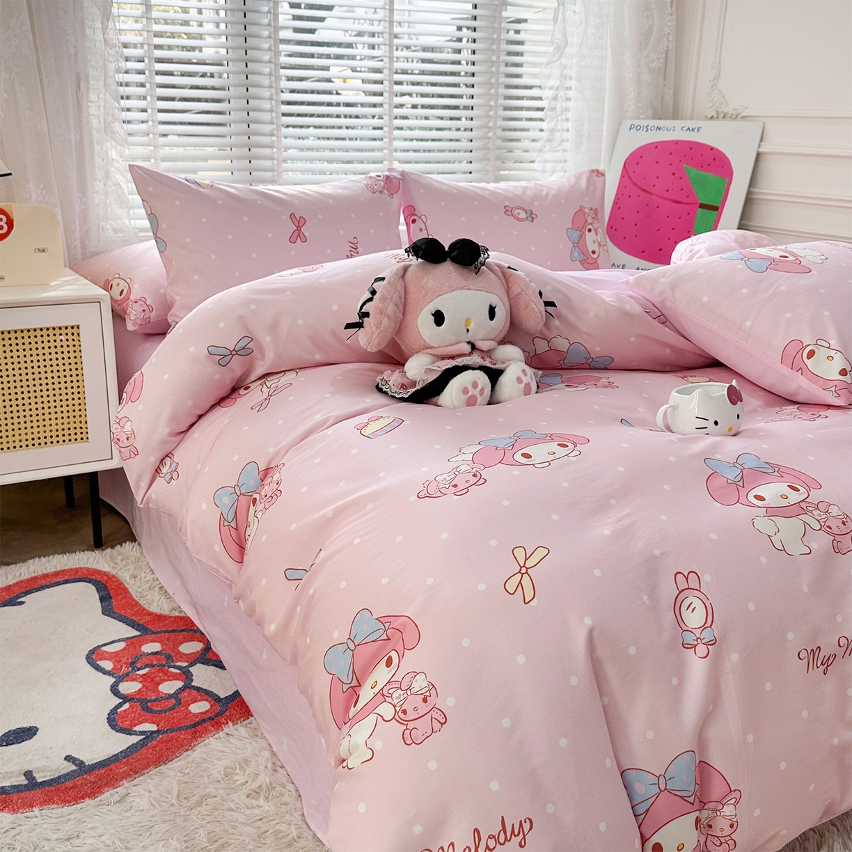 91家纺网 家纺一手货源 找家纺 玉元坊 2026新款正版授权三丽鸥系列全棉纯棉床单四件套学生三件套-美乐蒂系列 魔法美乐蒂【简约款】