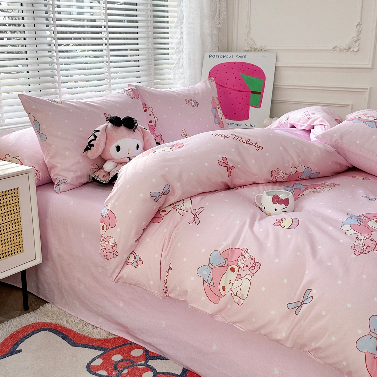 91家纺网 家纺一手货源 找家纺 玉元坊 2026新款正版授权三丽鸥系列全棉纯棉床单四件套学生三件套-美乐蒂系列 魔法美乐蒂【简约款】