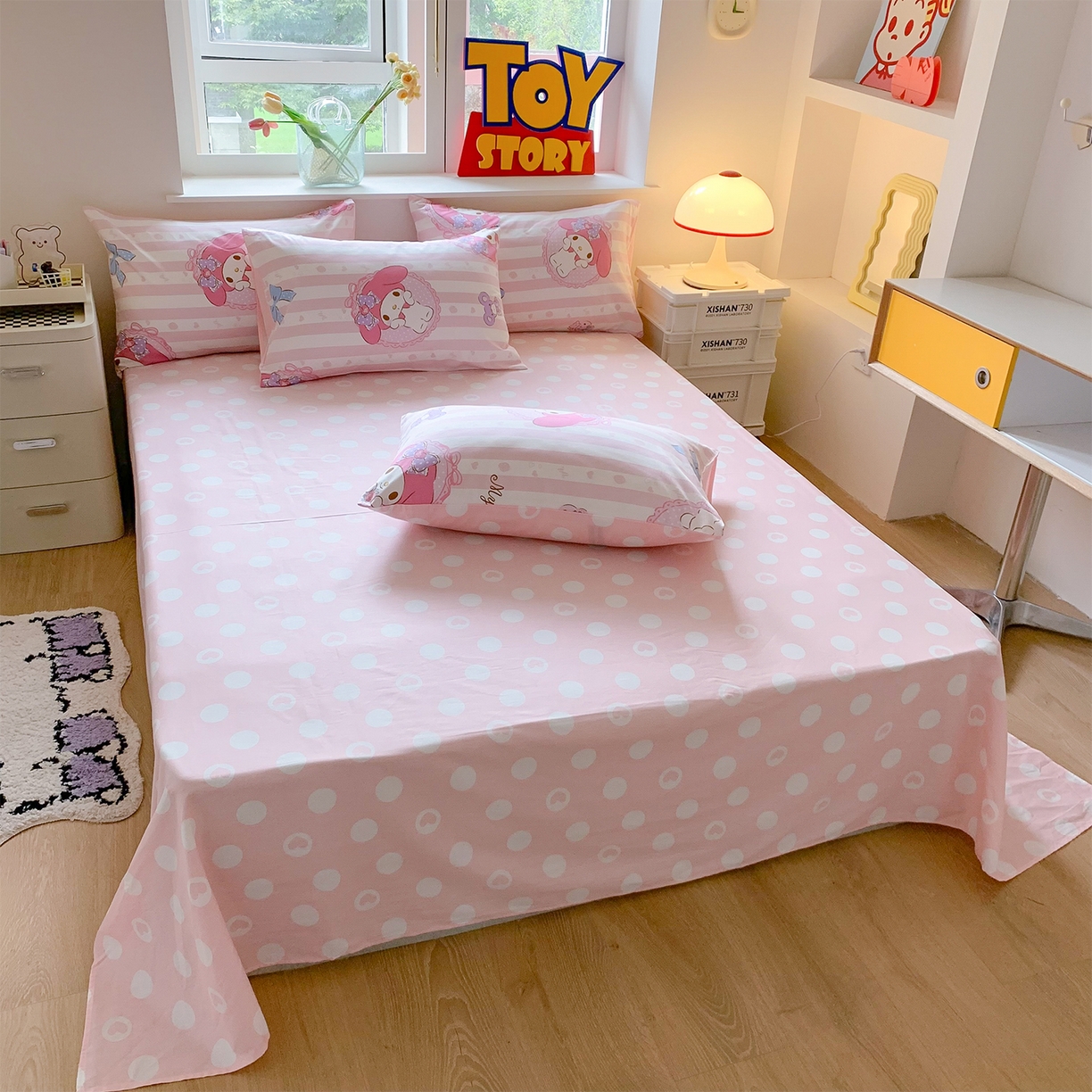 91家纺网 家纺一手货源 找家纺 玉元坊 2026新款正版授权三丽鸥系列全棉纯棉床单四件套学生三件套-美乐蒂系列 甜甜美乐蒂【简约款】