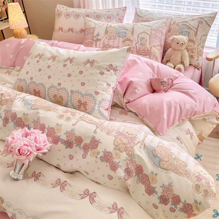 91家纺网 家纺一手货源 找家纺 名兮家居 2026跑量款全棉印花四件套 爱心小熊