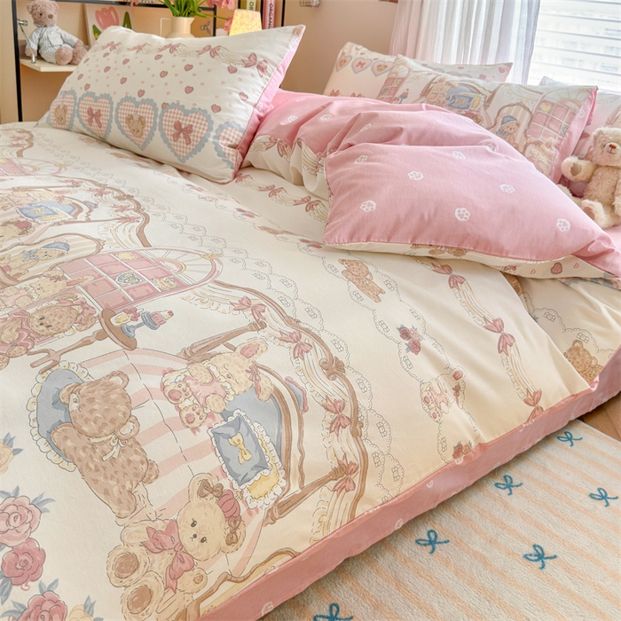 91家纺网 家纺一手货源 找家纺 名兮家居 2026跑量款全棉印花四件套 爱心小熊