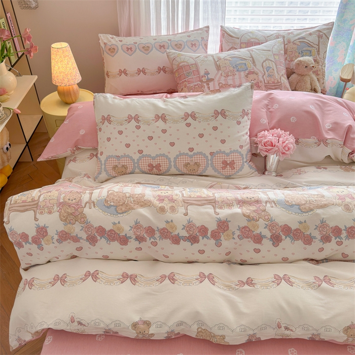 91家纺网 家纺一手货源 找家纺 名兮家居 2026跑量款全棉印花四件套 爱心小熊