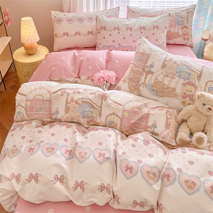 91家纺网 家纺一手货源 找家纺 名兮家居 2026跑量款全棉印花四件套 爱心小熊