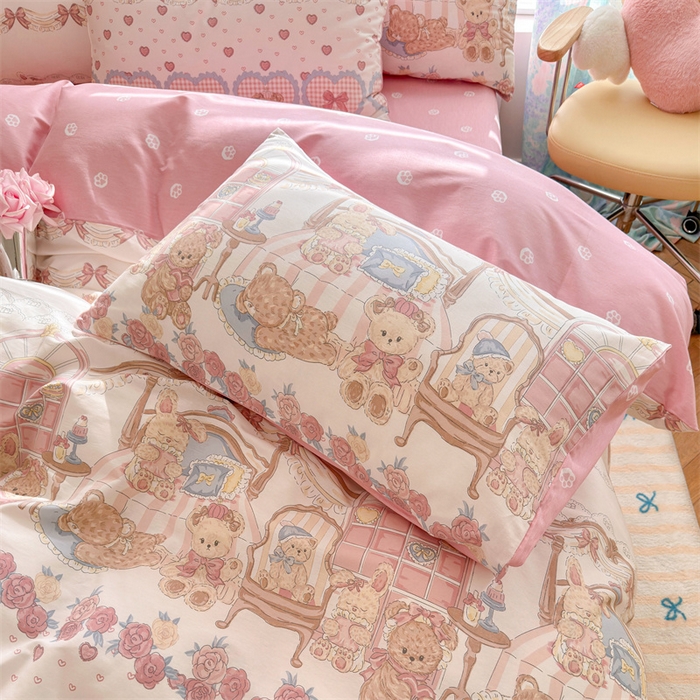 91家纺网 家纺一手货源 找家纺 名兮家居 2026跑量款全棉印花四件套 爱心小熊