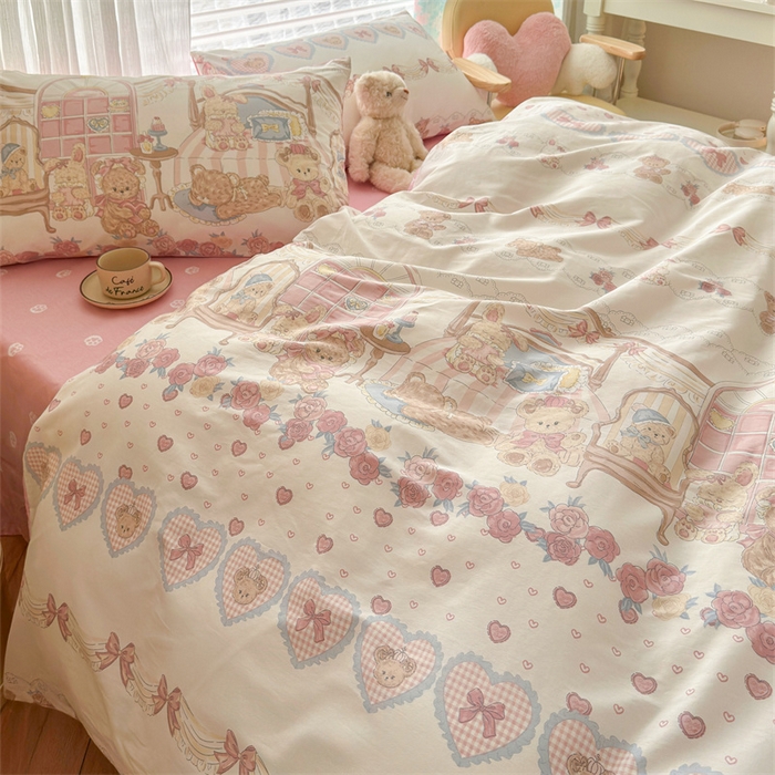 91家纺网 家纺一手货源 找家纺 名兮家居 2026跑量款全棉印花四件套 爱心小熊