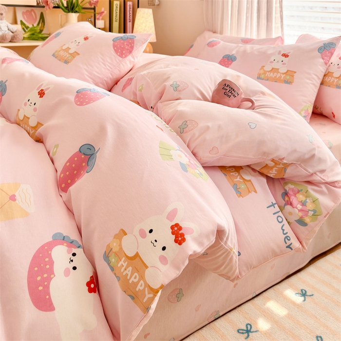 名兮家居 2026跑量款全棉印花四件套 草莓小白兔