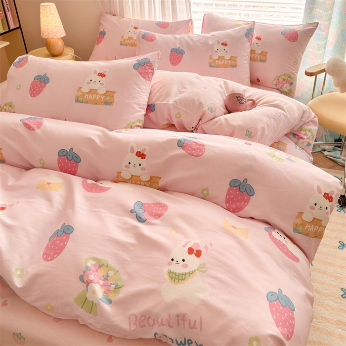 91家纺网 家纺一手货源 找家纺 名兮家居 2026跑量款全棉印花四件套 草莓小白兔