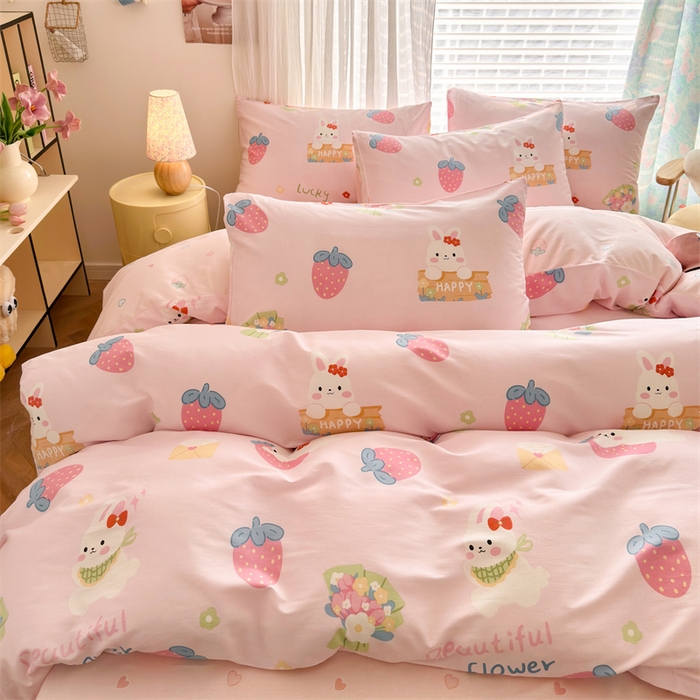 91家纺网 家纺一手货源 找家纺 名兮家居 2026跑量款全棉印花四件套 草莓小白兔