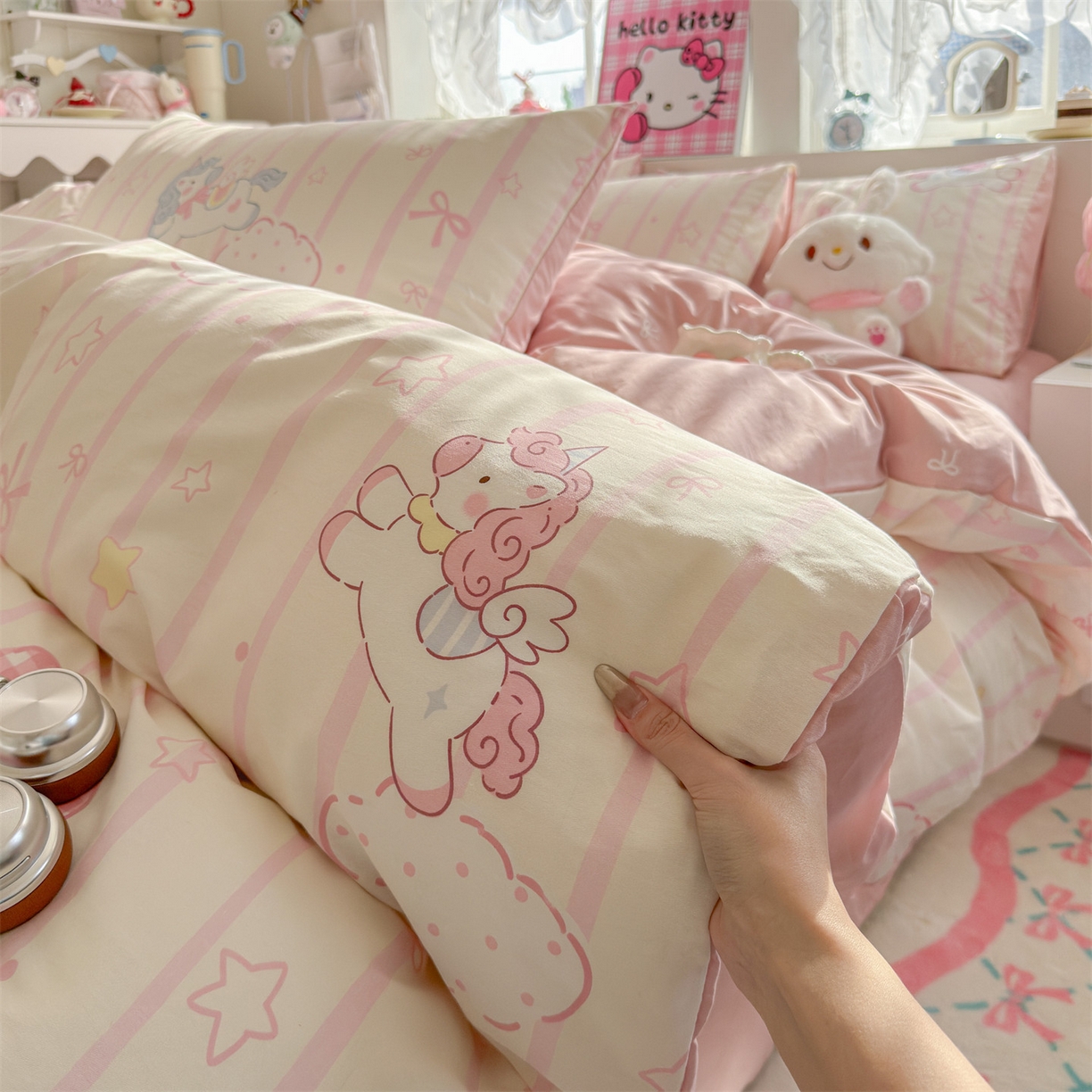 91家纺网 家纺一手货源 找家纺 名兮家居 2026跑量款全棉印花四件套 独角兽粉