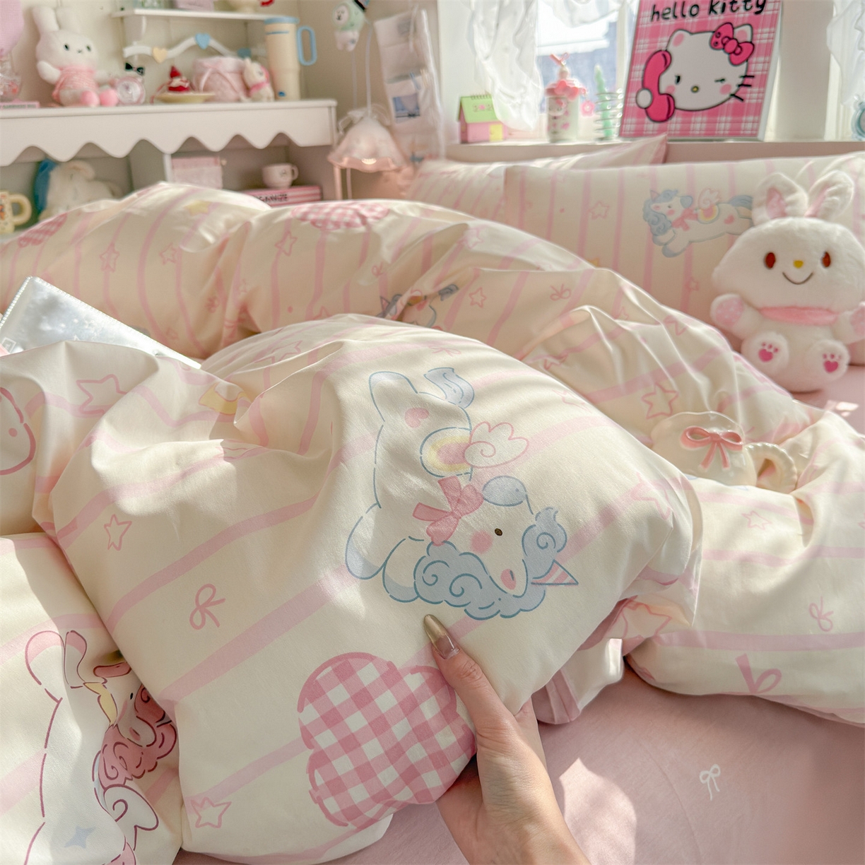 91家纺网 家纺一手货源 找家纺 名兮家居 2026跑量款全棉印花四件套 独角兽粉