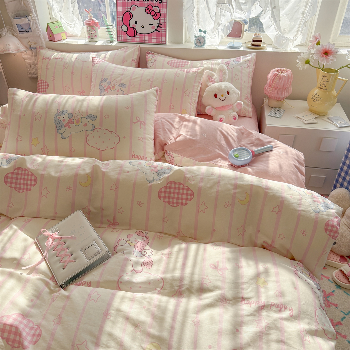 91家纺网 家纺一手货源 找家纺 名兮家居 2026跑量款全棉印花四件套 独角兽粉