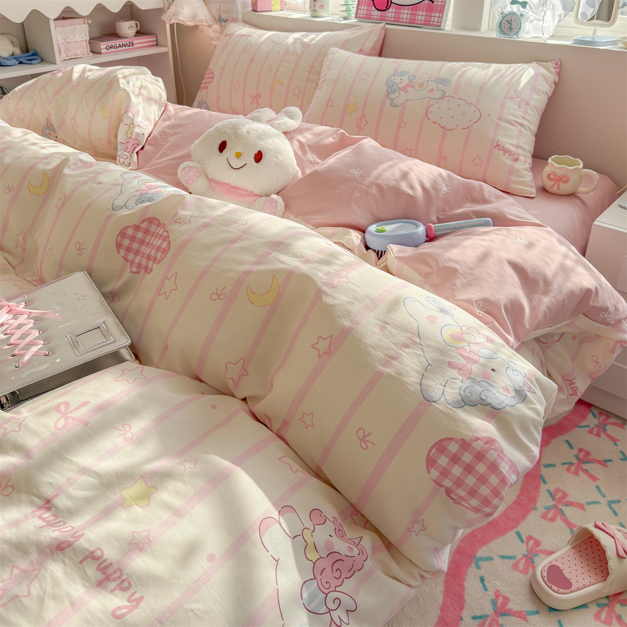 91家纺网 家纺一手货源 找家纺 名兮家居 2026跑量款全棉印花四件套 独角兽粉