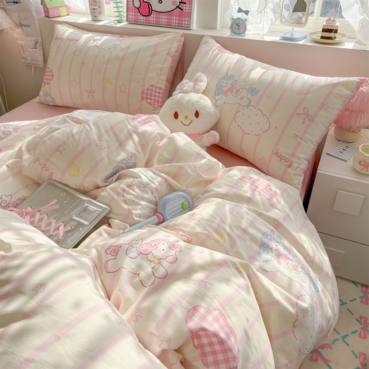 91家纺网 家纺一手货源 找家纺 名兮家居 2026跑量款全棉印花四件套 独角兽粉