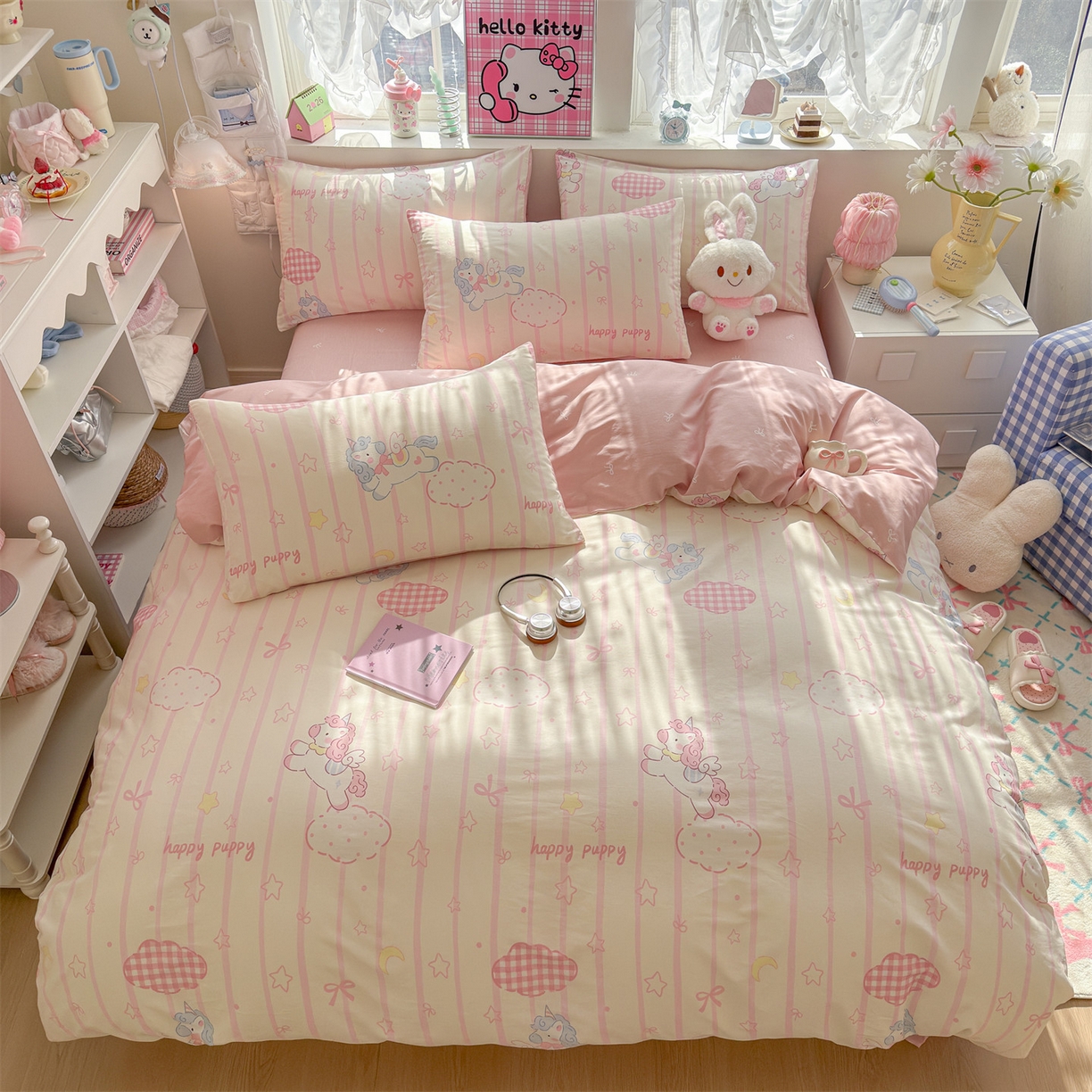 91家纺网 家纺一手货源 找家纺 名兮家居 2026跑量款全棉印花四件套 独角兽粉