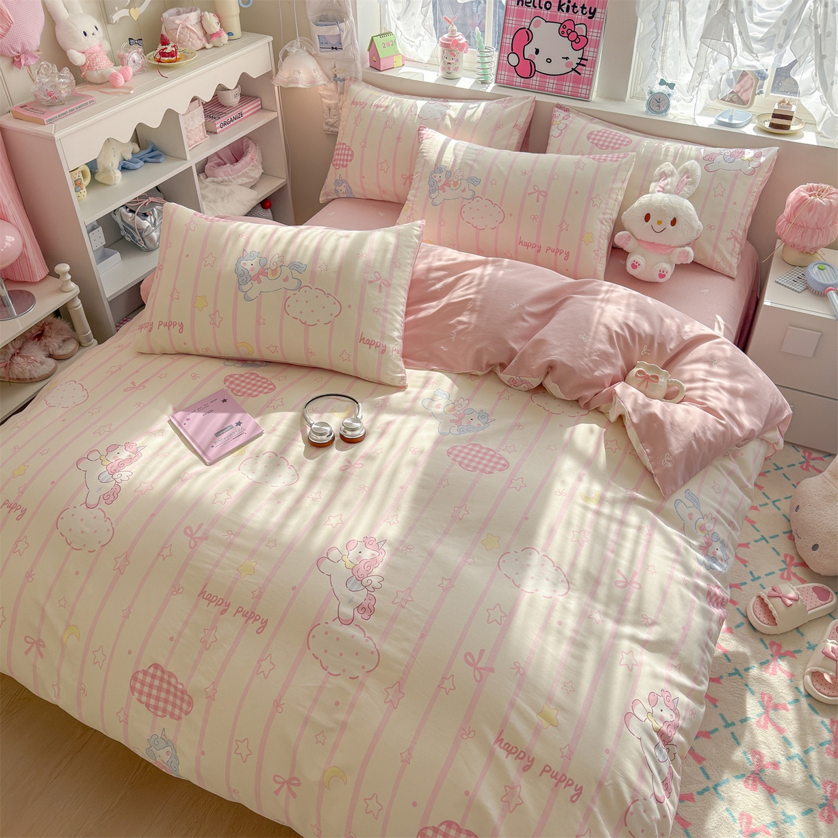 91家纺网 家纺一手货源 找家纺 名兮家居 2026跑量款全棉印花四件套 独角兽粉