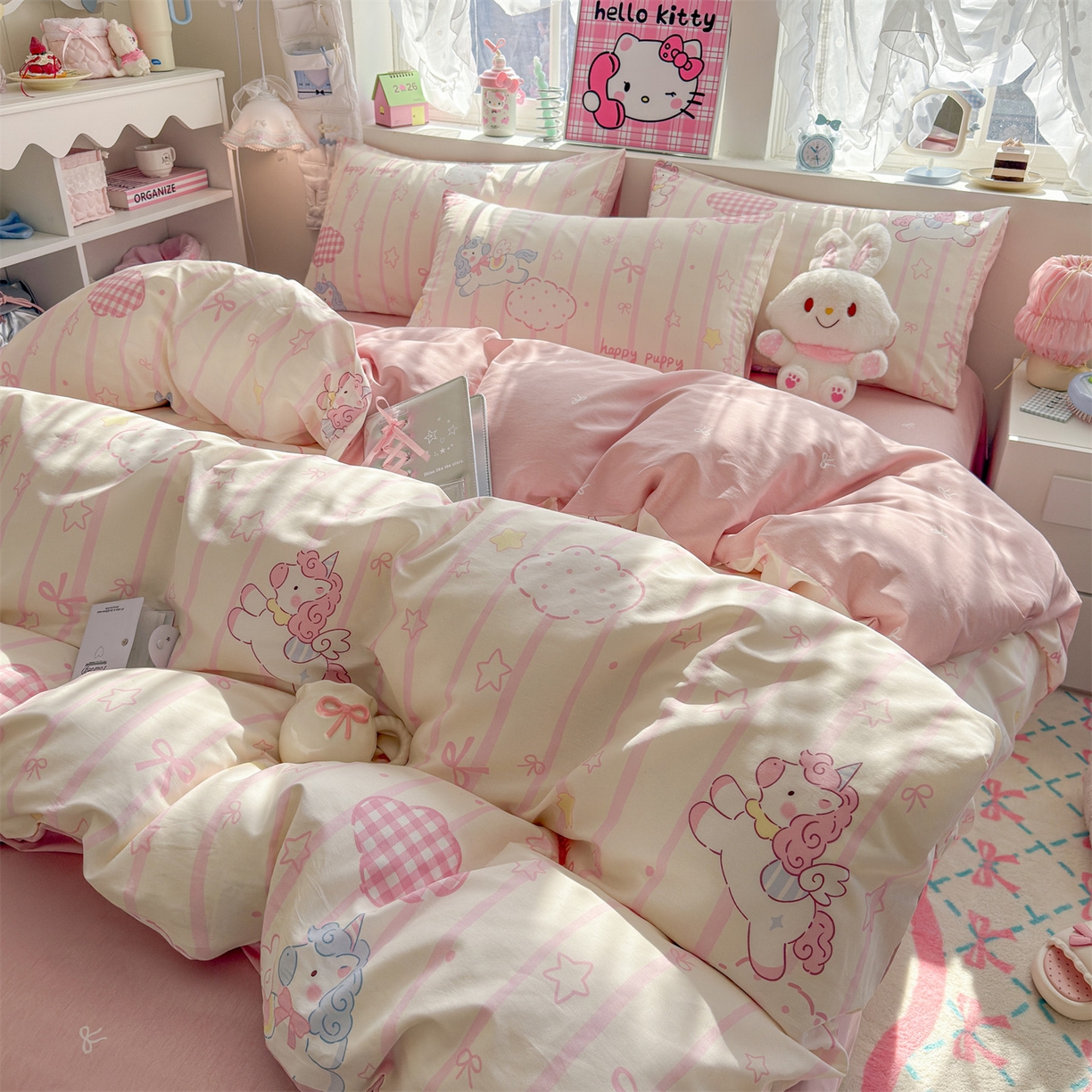 91家纺网 家纺一手货源 找家纺 名兮家居 2026跑量款全棉印花四件套 独角兽粉