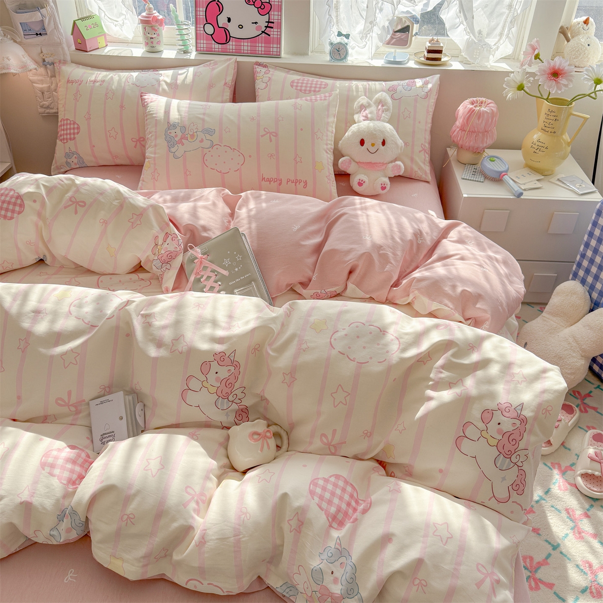 91家纺网 家纺一手货源 找家纺 名兮家居 2026跑量款全棉印花四件套 独角兽粉