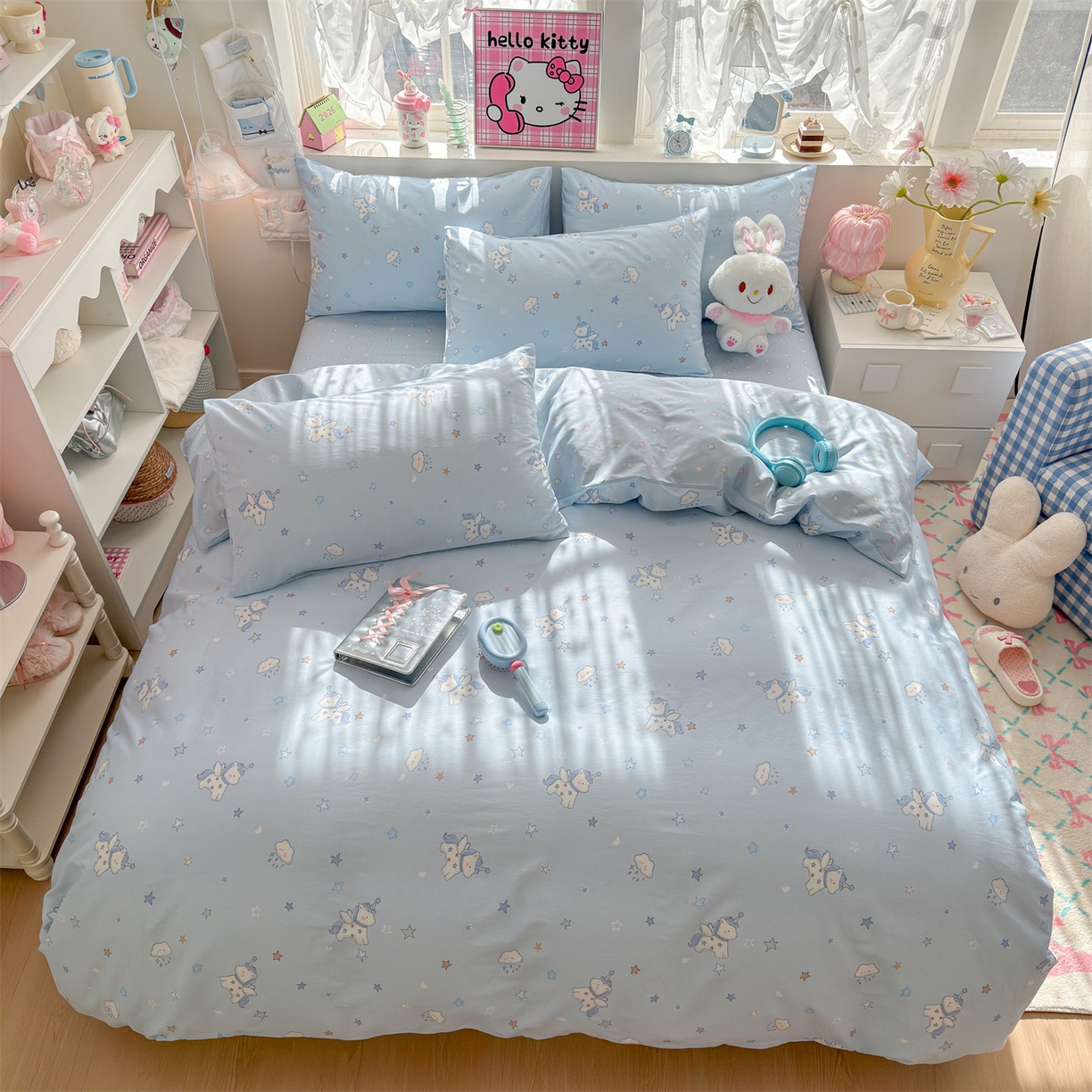 91家纺网 家纺一手货源 找家纺 名兮家居 2026跑量款全棉印花四件套 独角兽蓝