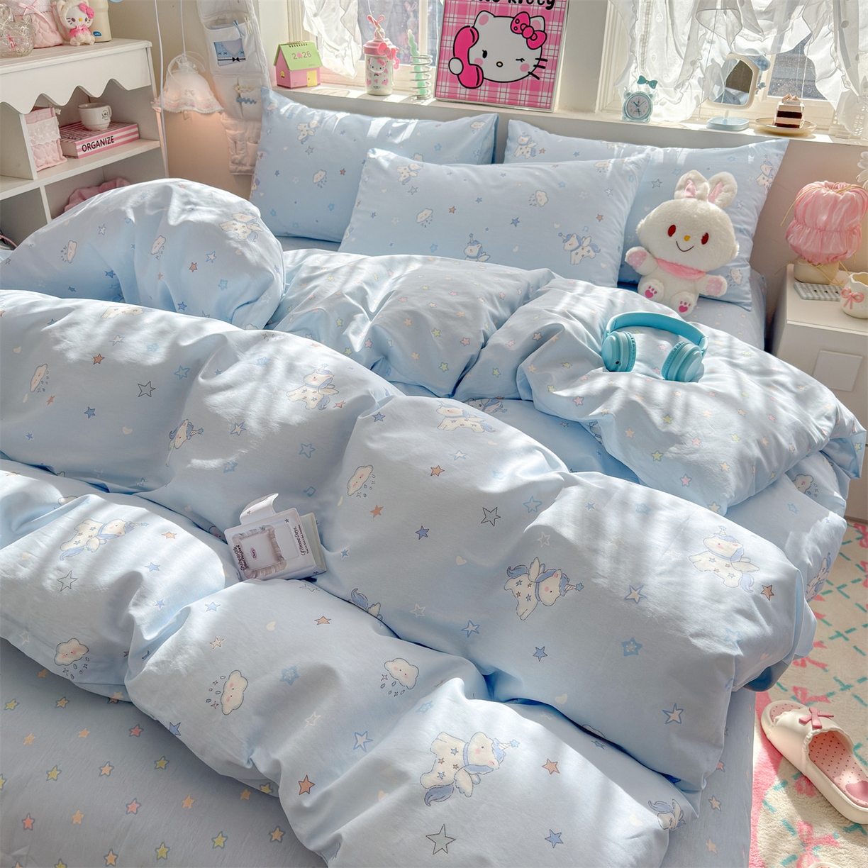 91家纺网 家纺一手货源 找家纺 名兮家居 2026跑量款全棉印花四件套 独角兽蓝