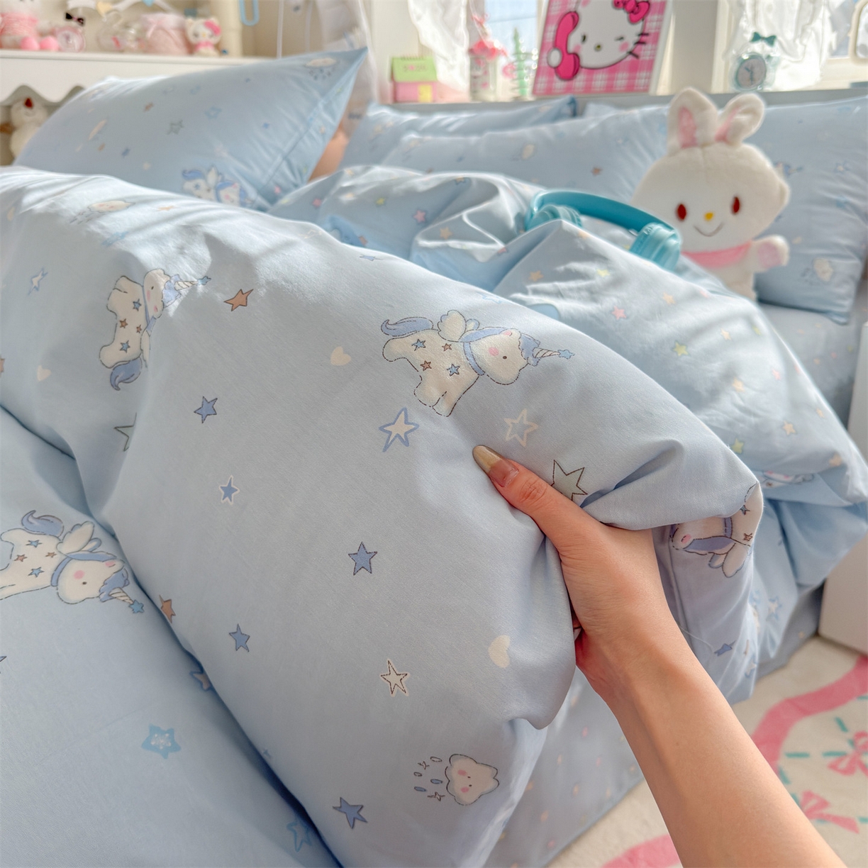 91家纺网 家纺一手货源 找家纺 名兮家居 2026跑量款全棉印花四件套 独角兽蓝