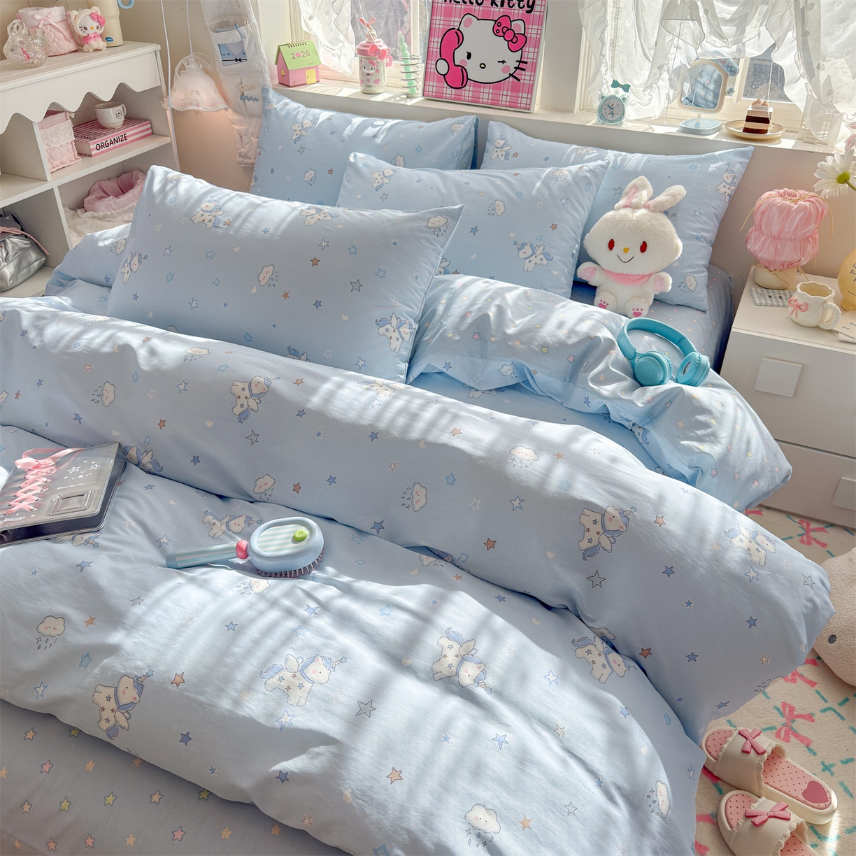 91家纺网 家纺一手货源 找家纺 名兮家居 2026跑量款全棉印花四件套 独角兽蓝