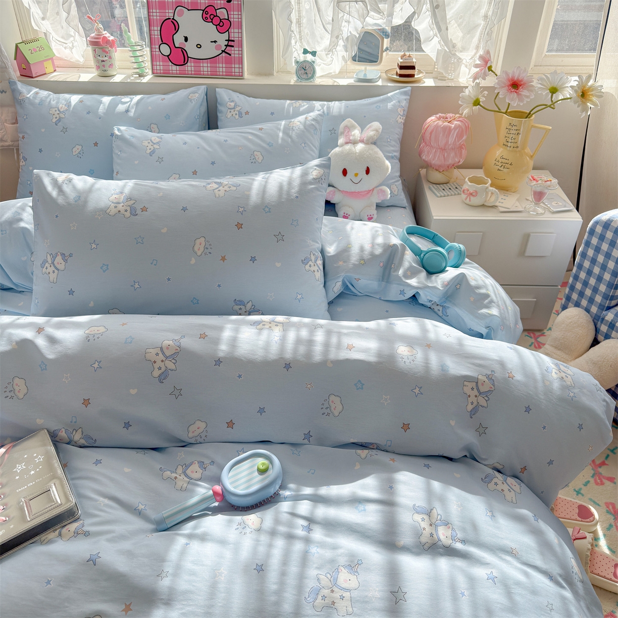 91家纺网 家纺一手货源 找家纺 名兮家居 2026跑量款全棉印花四件套 独角兽蓝