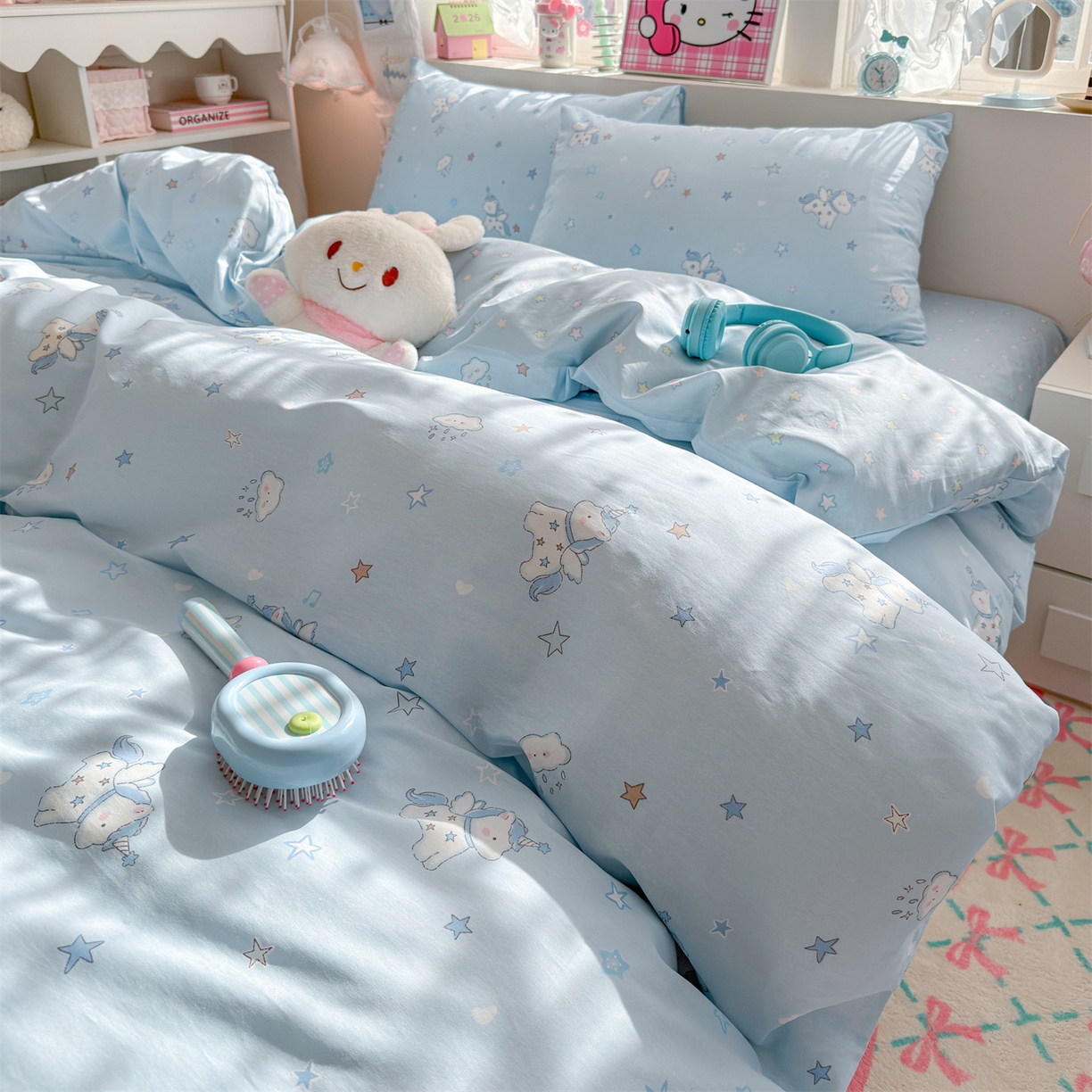 91家纺网 家纺一手货源 找家纺 名兮家居 2026跑量款全棉印花四件套 独角兽蓝