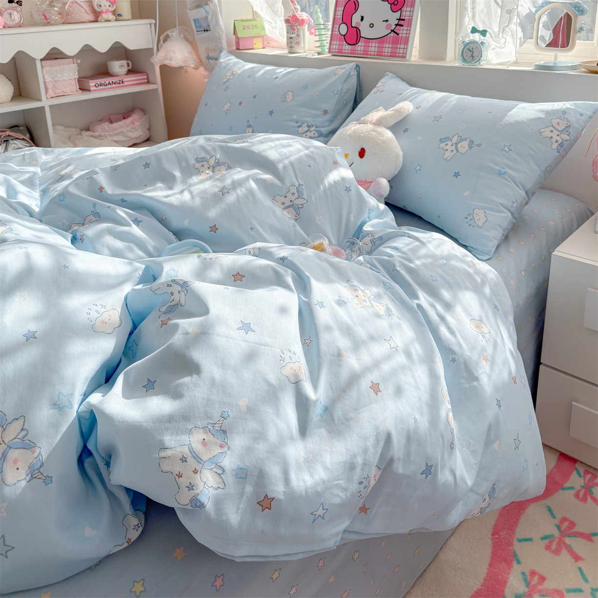 91家纺网 家纺一手货源 找家纺 名兮家居 2026跑量款全棉印花四件套 独角兽蓝