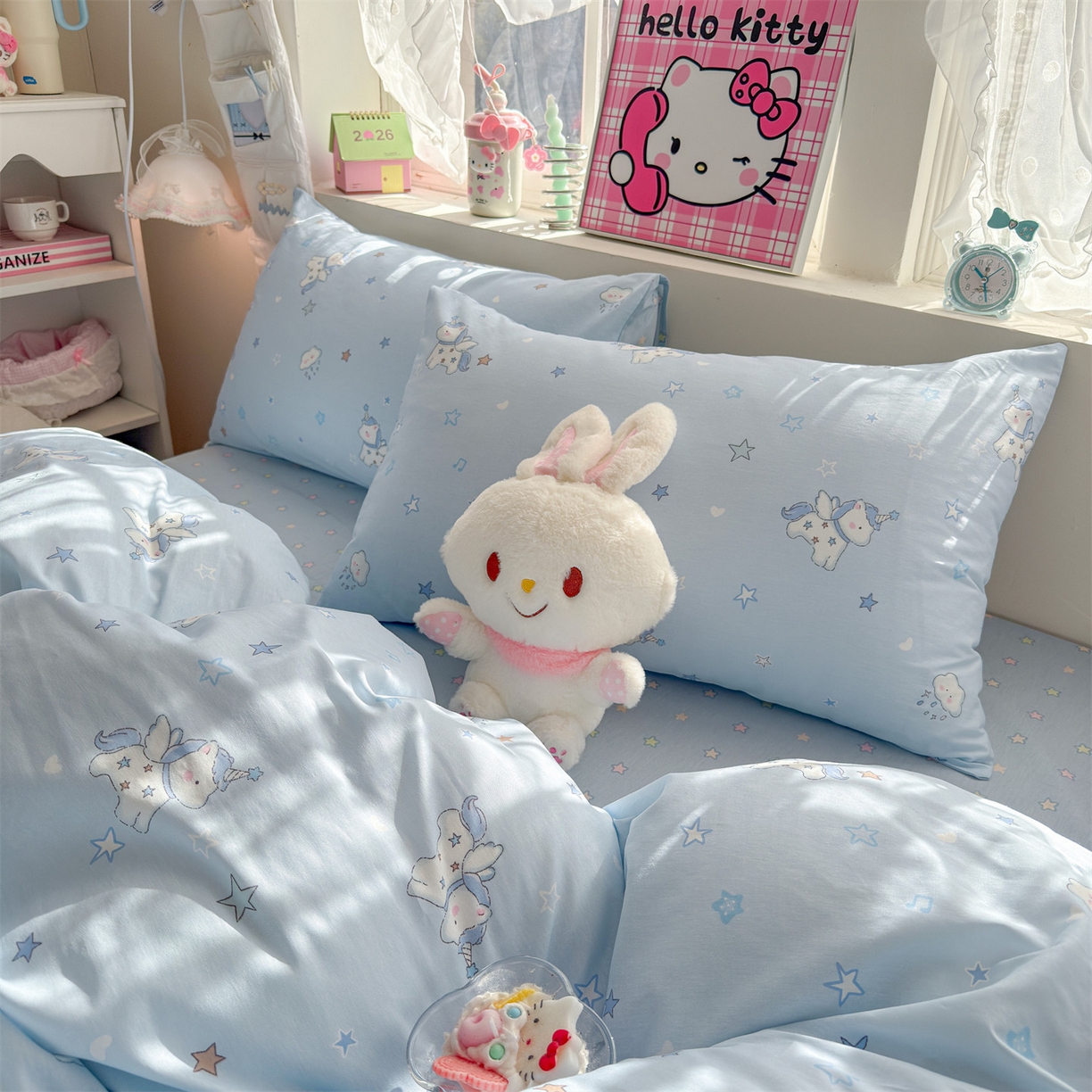 91家纺网 家纺一手货源 找家纺 名兮家居 2026跑量款全棉印花四件套 独角兽蓝