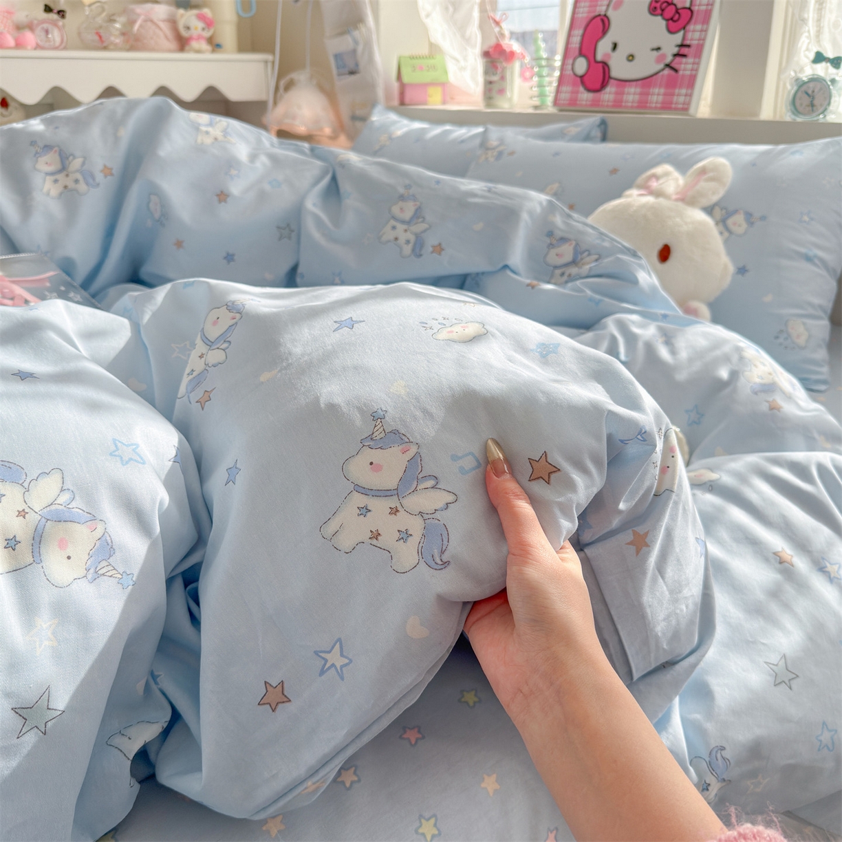 91家纺网 家纺一手货源 找家纺 名兮家居 2026跑量款全棉印花四件套 独角兽蓝