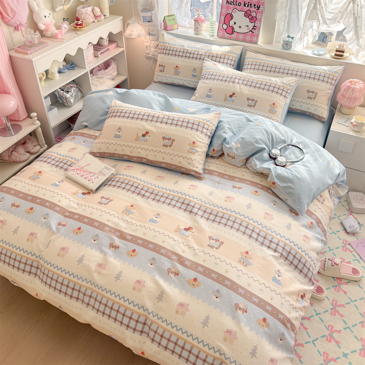 91家纺网 家纺一手货源 找家纺 名兮家居 2026跑量款全棉印花四件套 费尔岛狗狗