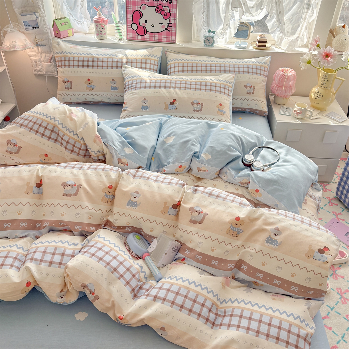 91家纺网 家纺一手货源 找家纺 名兮家居 2026跑量款全棉印花四件套 费尔岛狗狗