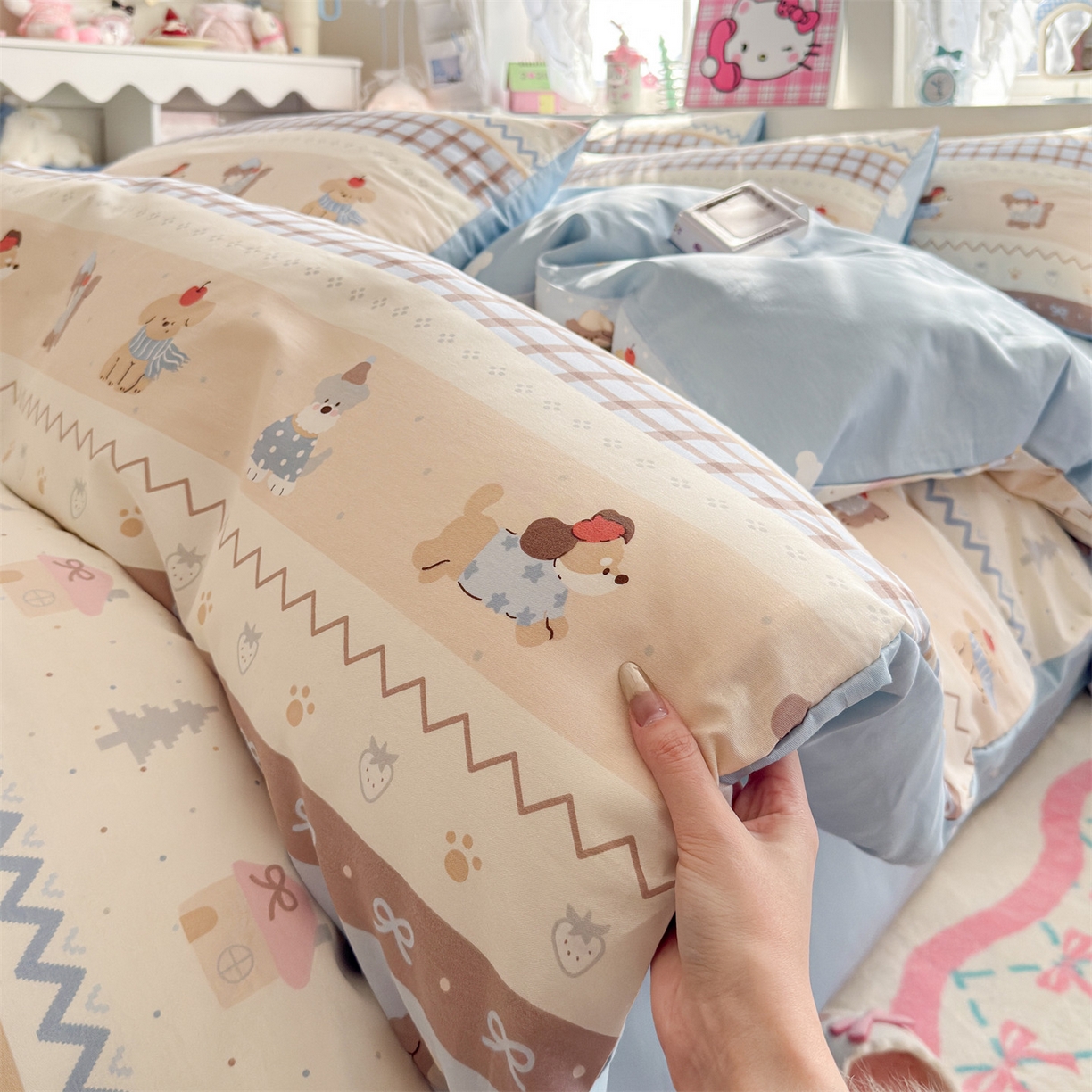 91家纺网 家纺一手货源 找家纺 名兮家居 2026跑量款全棉印花四件套 费尔岛狗狗