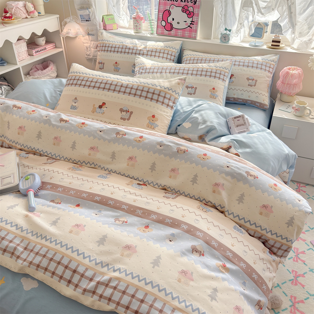 91家纺网 家纺一手货源 找家纺 名兮家居 2026跑量款全棉印花四件套 费尔岛狗狗